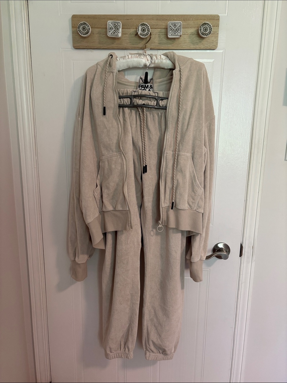 Pam & Gela Light Beige Hooded Terry Cloth Jacket & Sweat Pants (Matching Set)